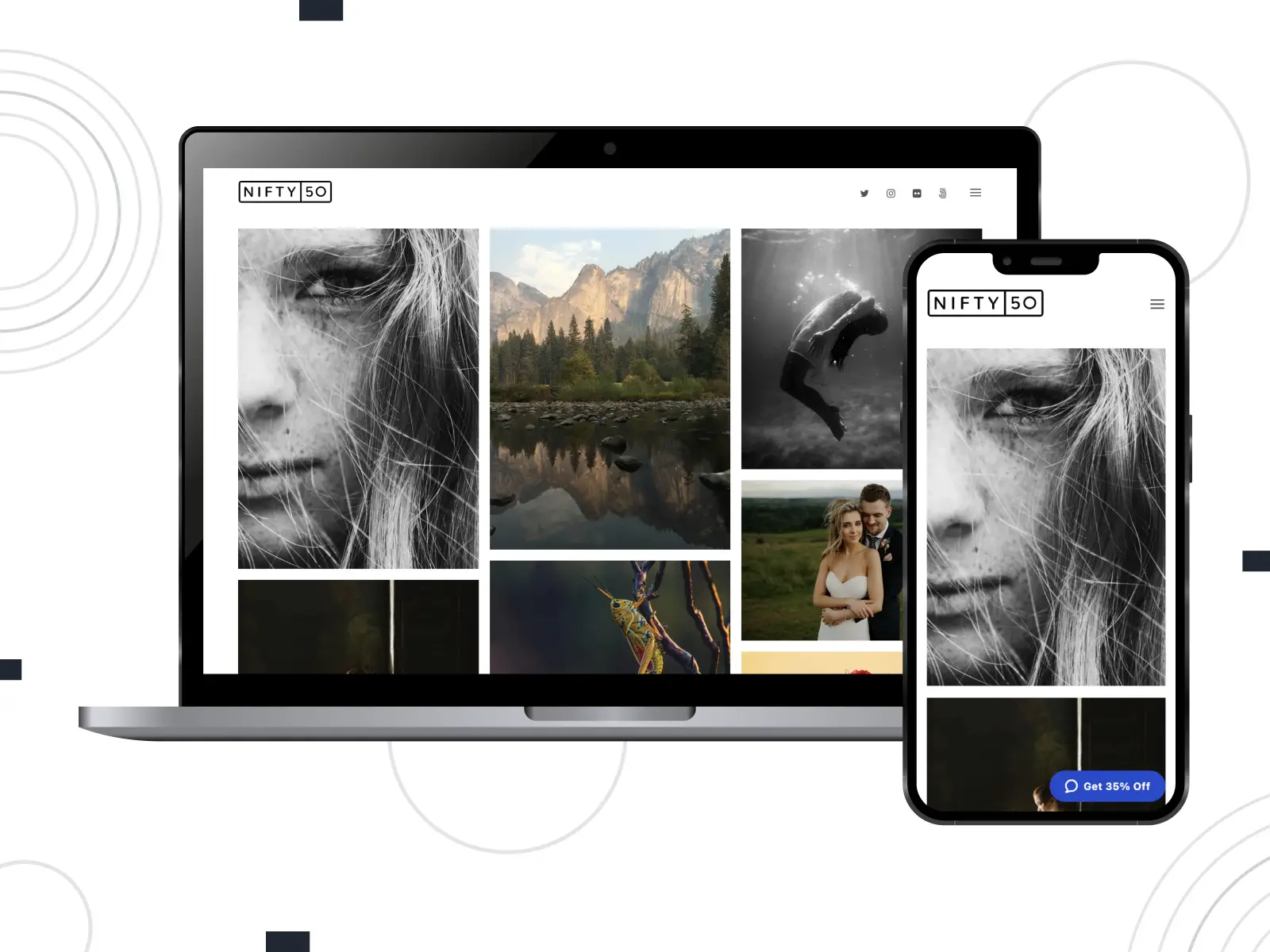 Niftyfifty 的代表，這是一個針對攝影師的響應式專業主題，以黑色、白色和石灰色光譜排列對您的內容進行密碼保護。
