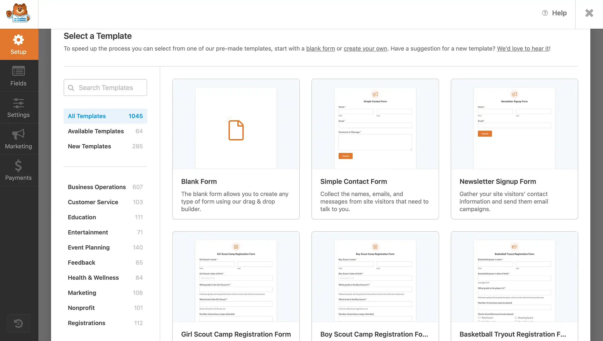 Templat WPForms yang sudah dibuat sebelumnya.