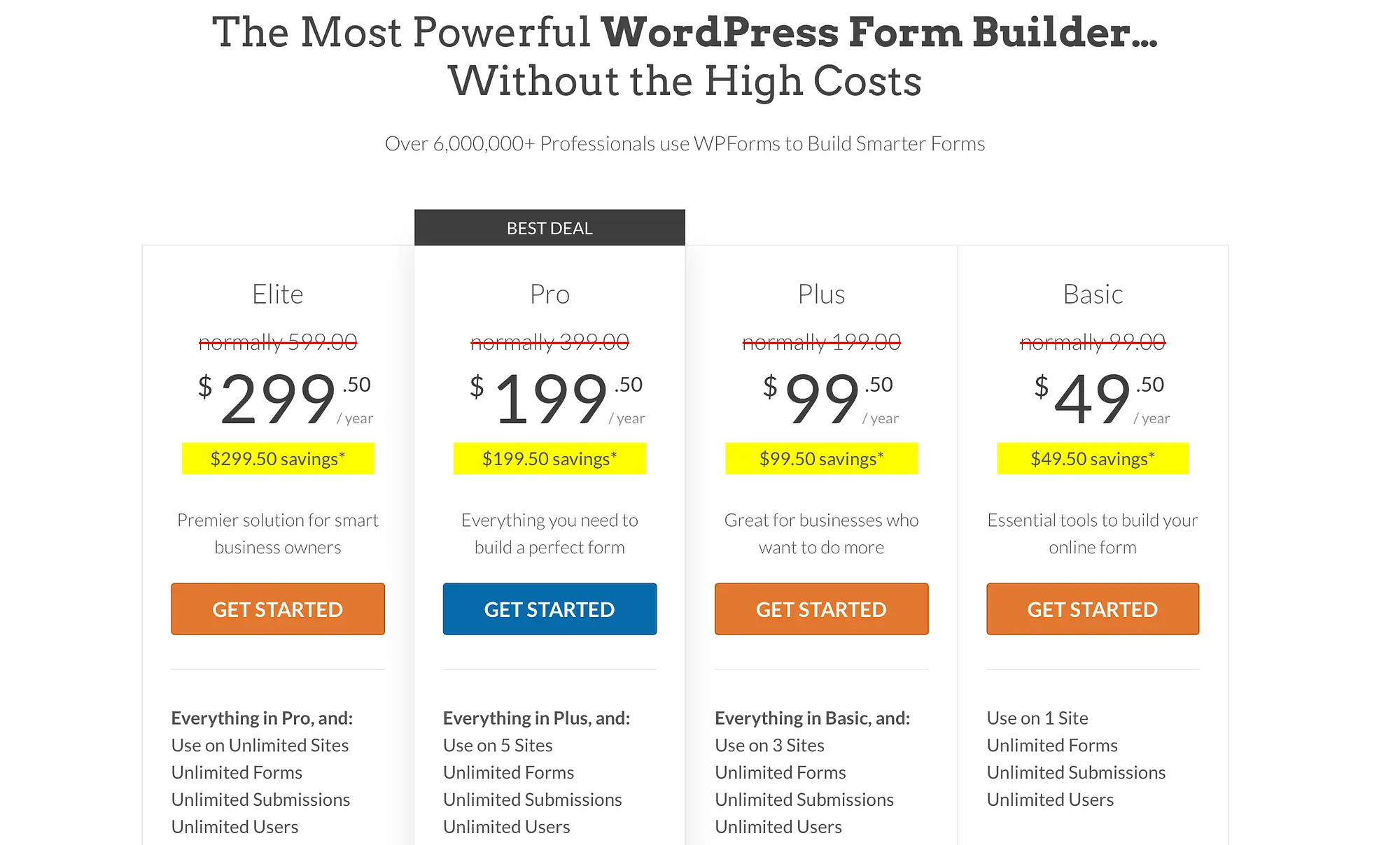 WPForms 定價方案。