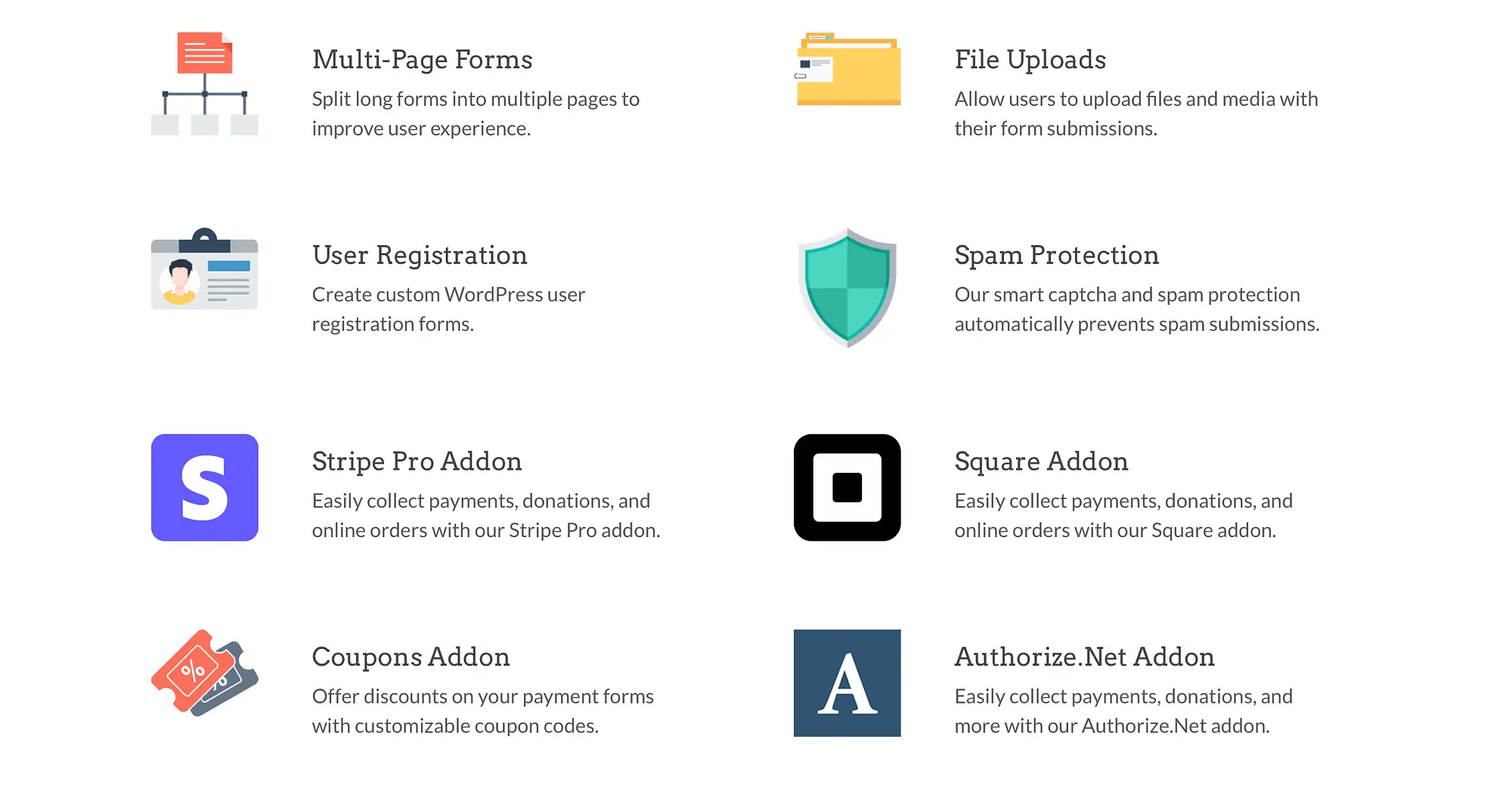 WPForms 行銷整合顯示了 Stripe、Square、Authorize.net 等選項。