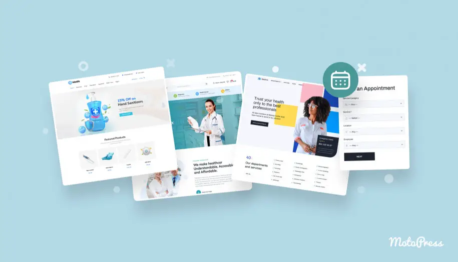 Colaj cu cele mai bune teme WordPress pentru farmacii cu trei capturi de ecran și widget de rezervare în culori albastru și alb.