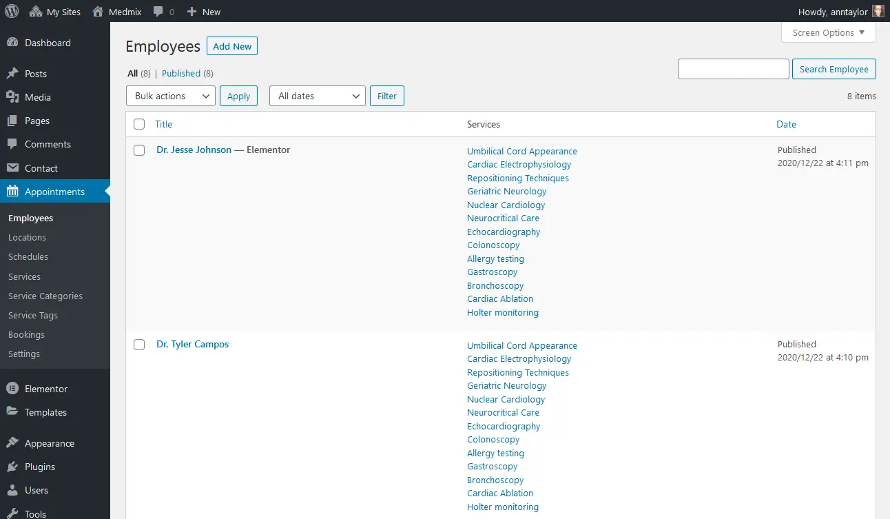 Cuplikan daftar Karyawan di dashboard tema medis WordPress.