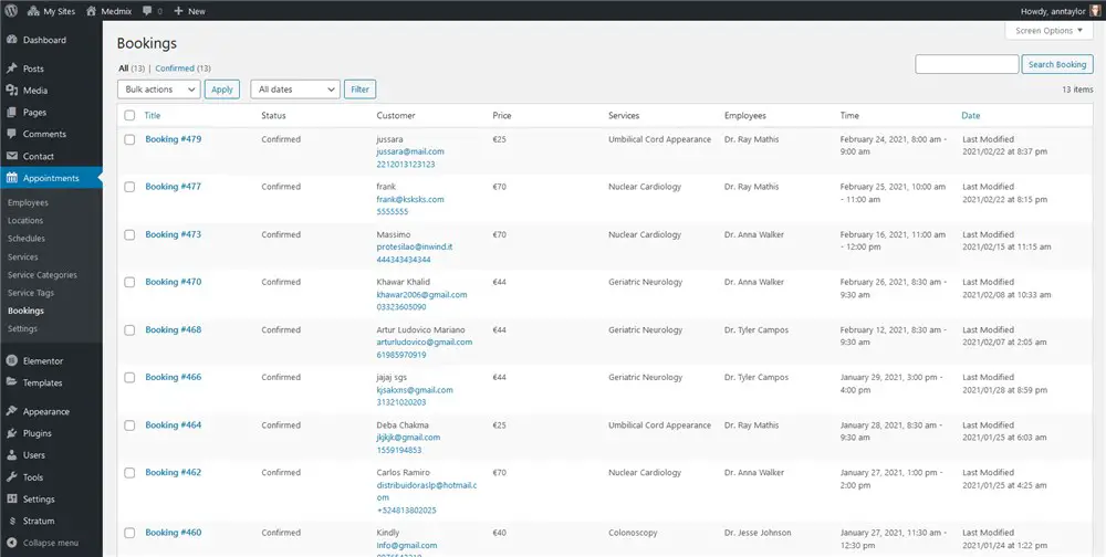 Bagian manajemen pemesanan dari template Medmix WordPress.