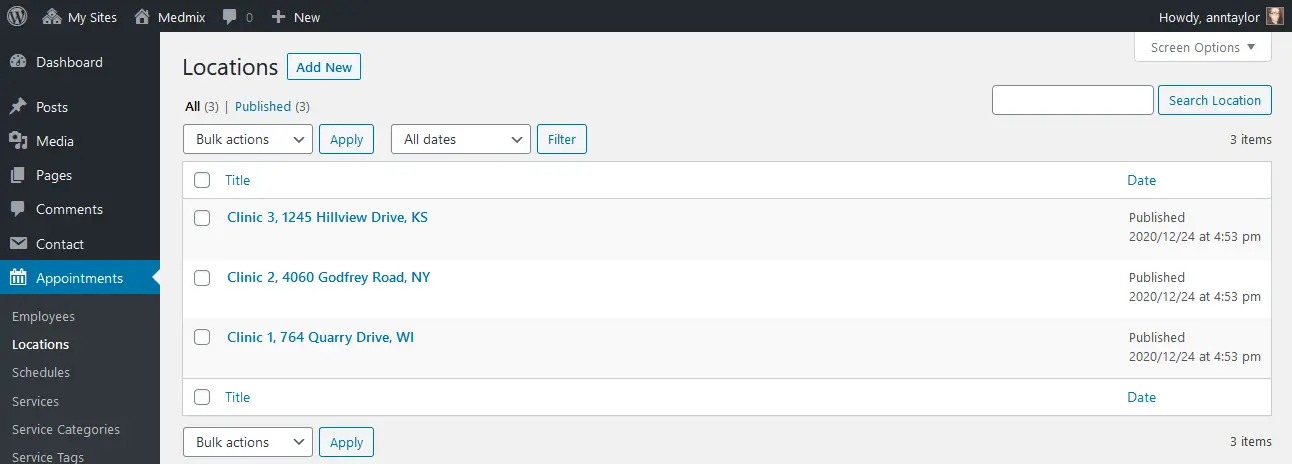 Tangkapan layar tab Lokasi untuk tema WordPress medis