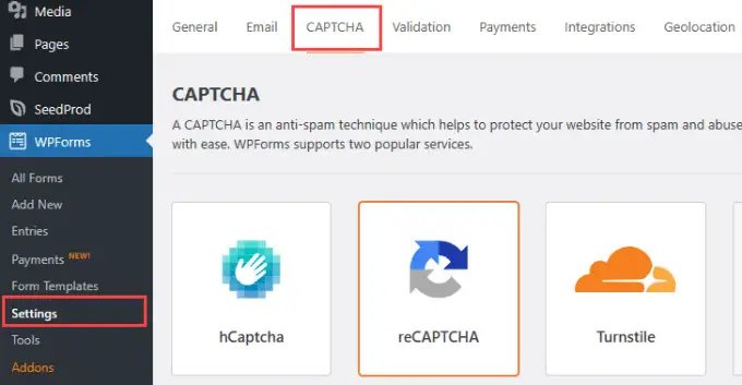 Captcha tab in WPForms