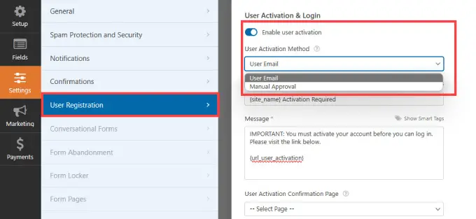 Enable user activation in WPForms