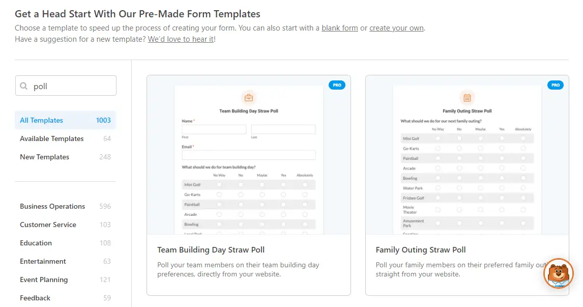 قوالب استطلاع رأي WP Forms.