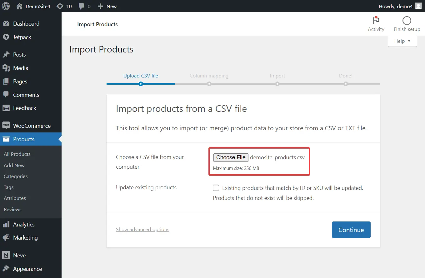 La función de importación de WordPress que muestra el proceso de importación de productos de Amazon a WooCommerce.