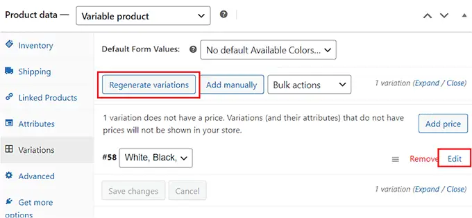 Edit product variations