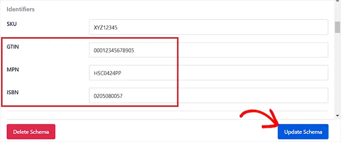 Add the ISBN, GTIN, or MPN and click Update Schema button