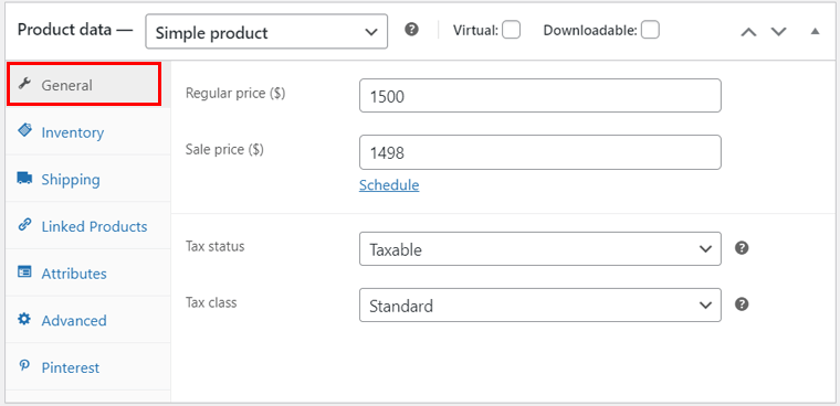 Configuraciones generales para productos simples