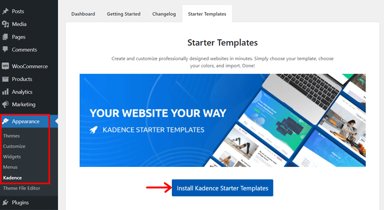 Instalar plantillas de inicio de Kadence: cómo configurar una tienda WooCommerce