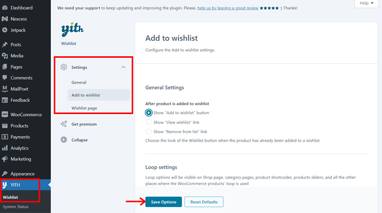 Guardar configuración de lista de deseos