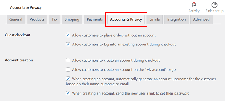 Cuentas y configuración de privacidad de WooCommerce