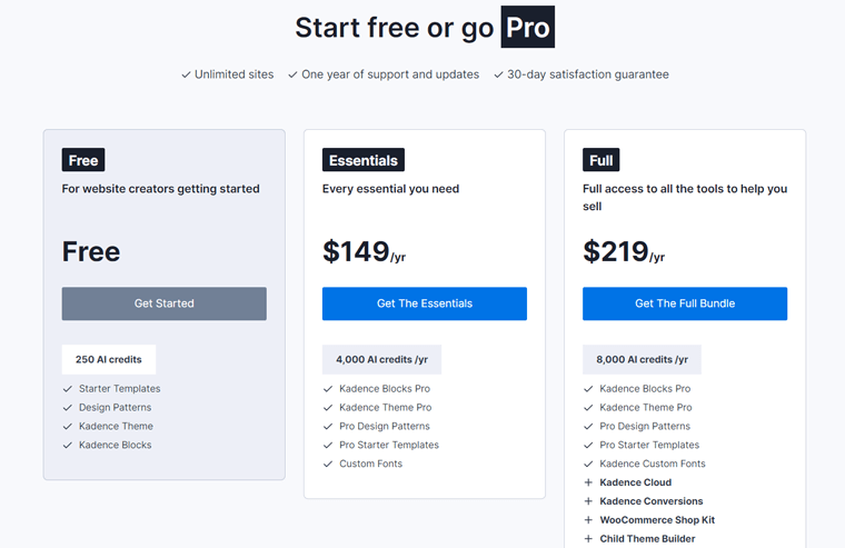 Página de precios de Kadence AI