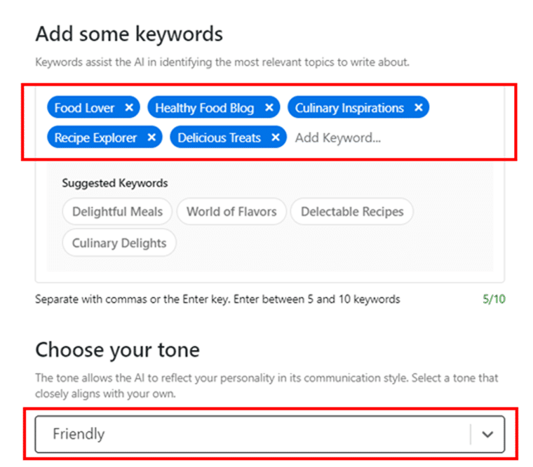 Agregue sus palabras clave, elija su tono y haga clic en Siguiente