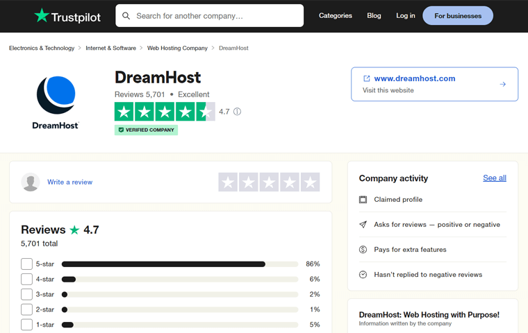 نقاط DreamHost Trustpilot