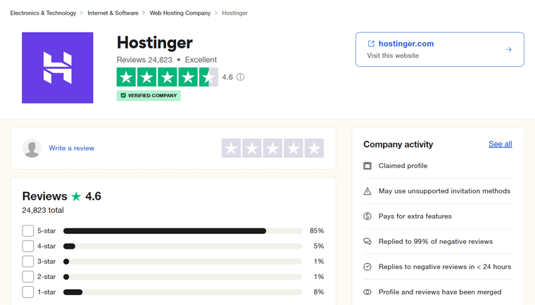 نقاط Hostinger TrustPilot