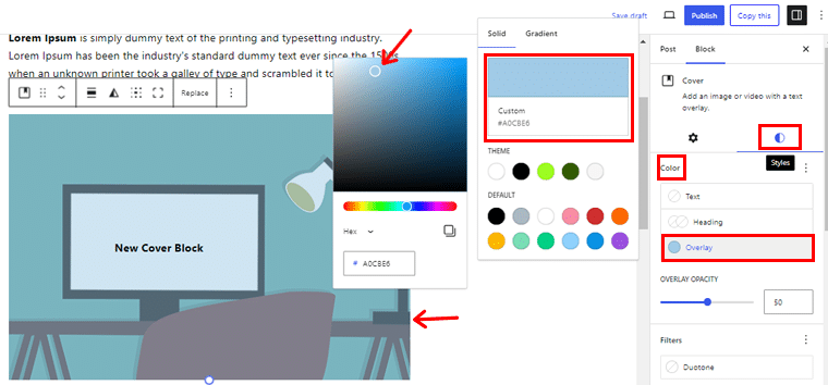 Característica de color de superposición del bloque de cubierta