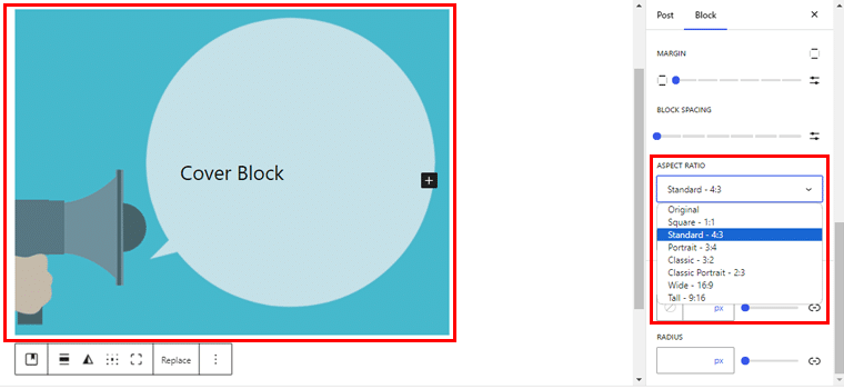 Relación de aspecto del bloque de cubierta