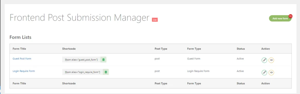 Lista formularzy Frontend Post Submission Manager Lite