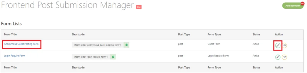 Listas de formularios del administrador de envío de publicaciones frontend