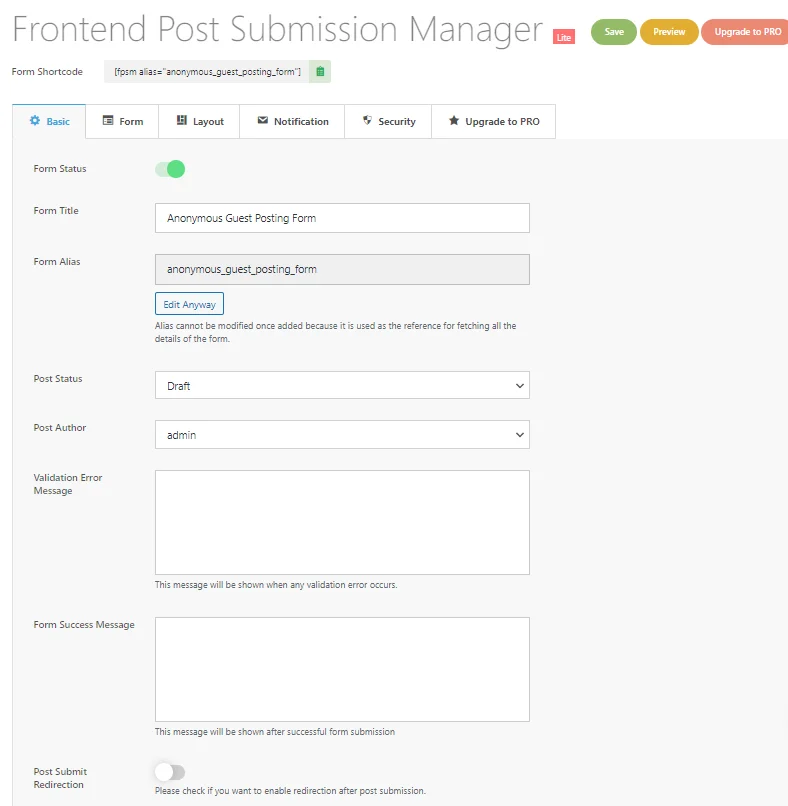 Configuración básica de la publicación de invitado anónimo