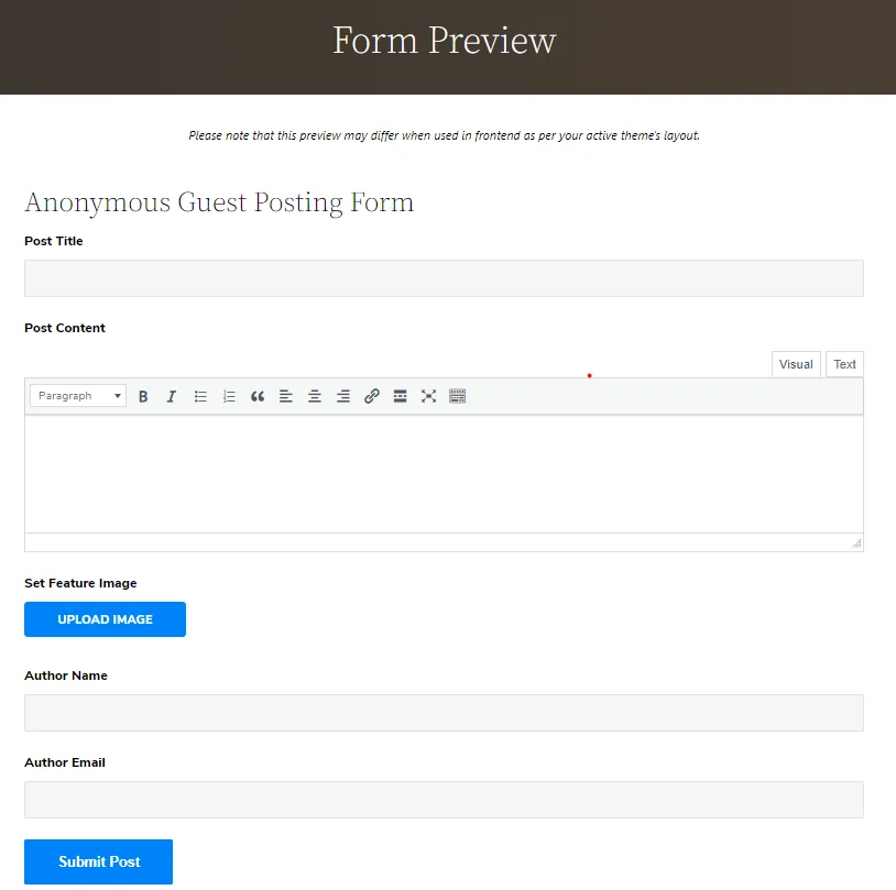 匿名ゲスト投稿フォームのプレビュー