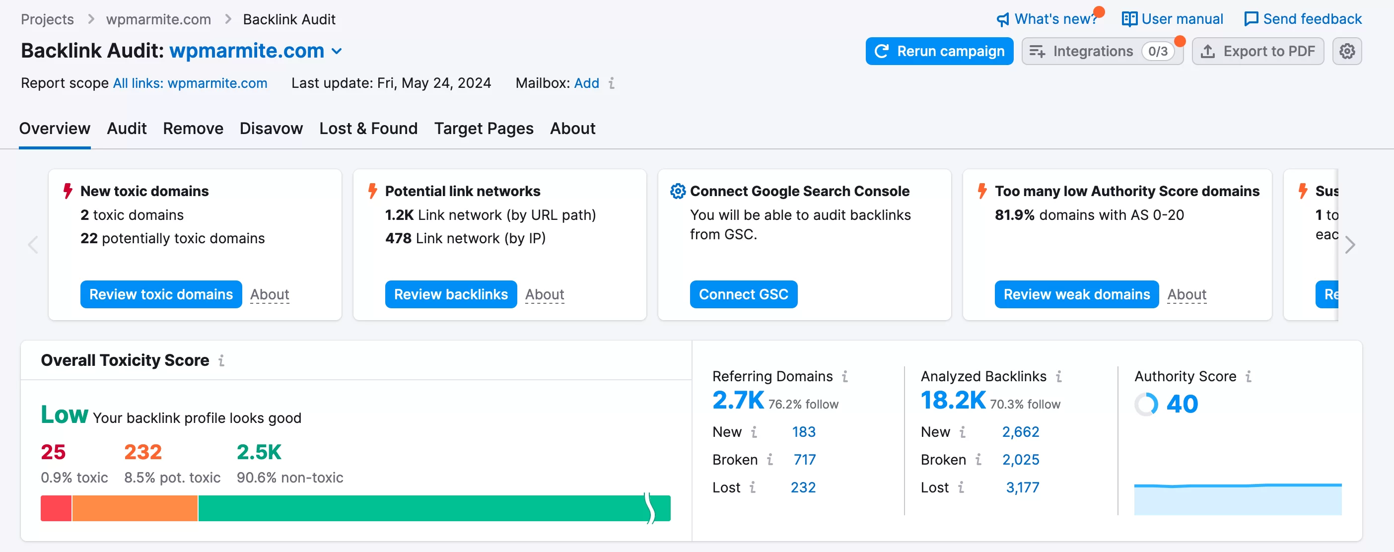 Semrush menawarkan audit backlink.