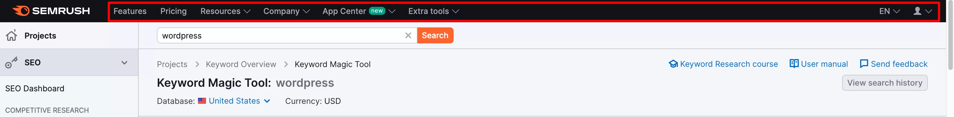 Menu bar atas di SEMrush.