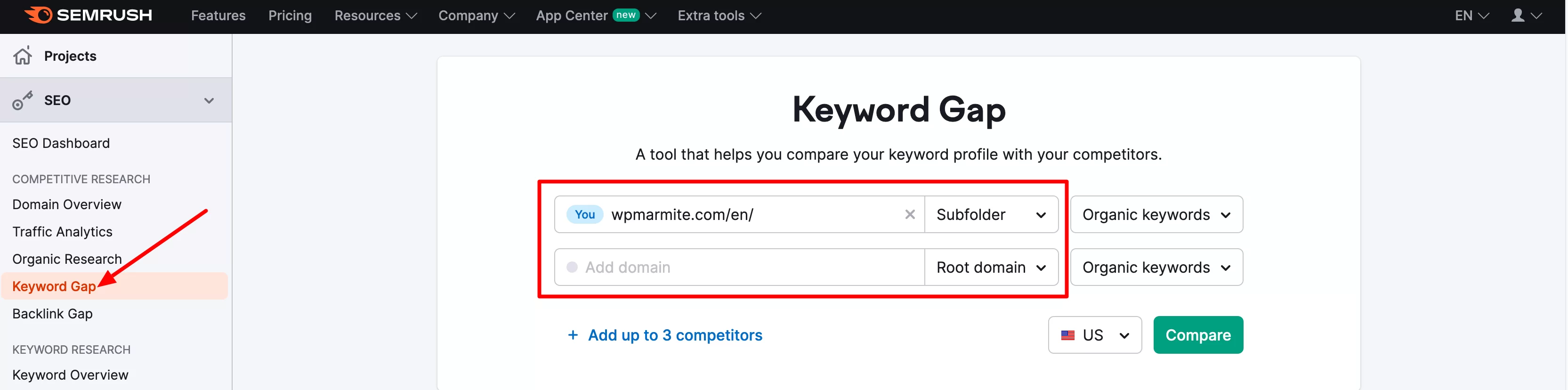 Narzędzie Keyword Gap firmy Semrush umożliwia porównanie słów kluczowych z konkurencją.