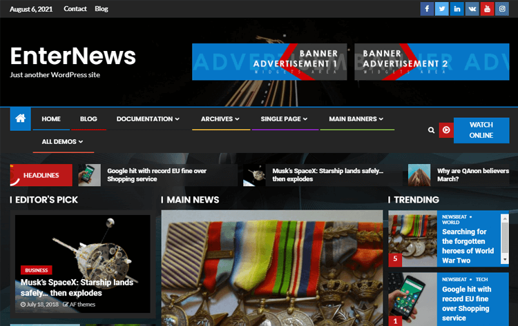 EnterNews Tema de noticias en línea de WordPress