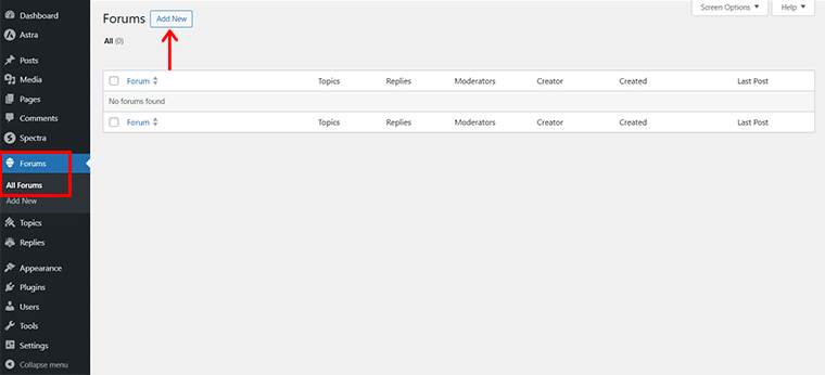Gehen Sie zu den Foren und klicken Sie auf „Neu hinzufügen“.
