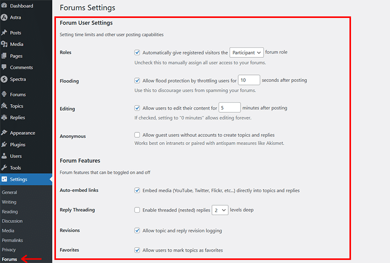 Configura le impostazioni del forum