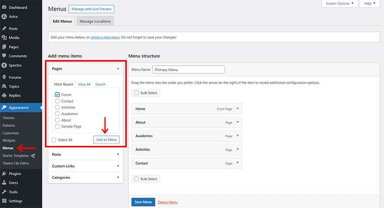 Accédez aux menus et ajoutez un forum à l'élément de menu