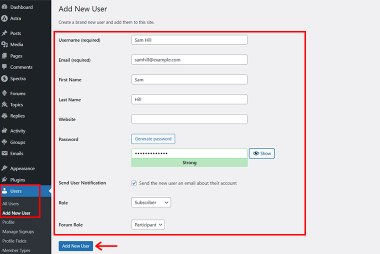 Complete los detalles requeridos para agregar un nuevo usuario