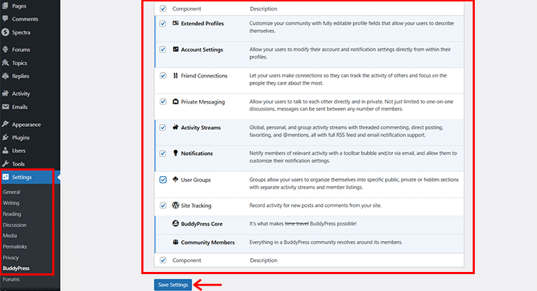 Configure los ajustes de BuddyPress y haga clic en Guardar configuración