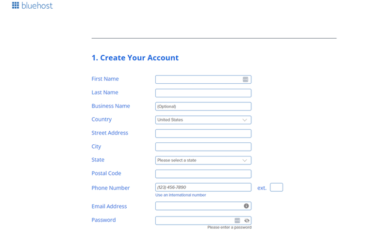 Crea il tuo account Bluehost