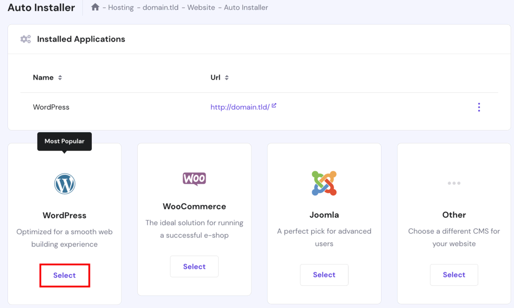 Installateur automatique du site Web HPanel WordPress