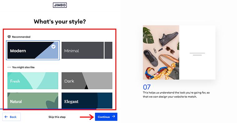 Specificați stilul site-ului dvs. și faceți clic pe Continuare