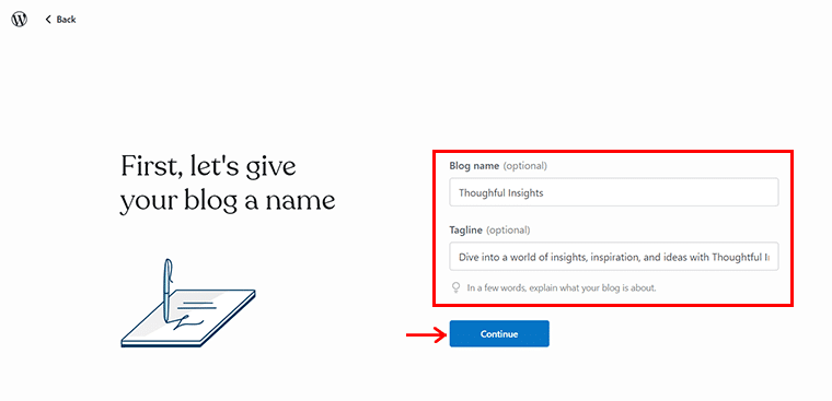 Adăugați blogname și tagline și faceți clic pe Continuare