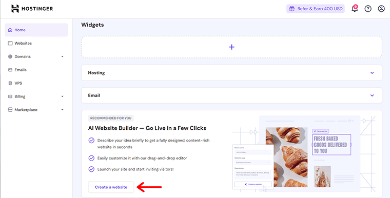 Cliquez sur l'option Créer un site Web