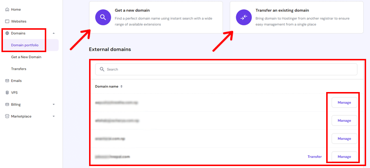 ตัวเลือกพอร์ตโฟลิโอโดเมนของ Hostinger