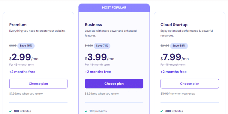 Planos de preços de hospedagem compartilhada na Web da Hostinger