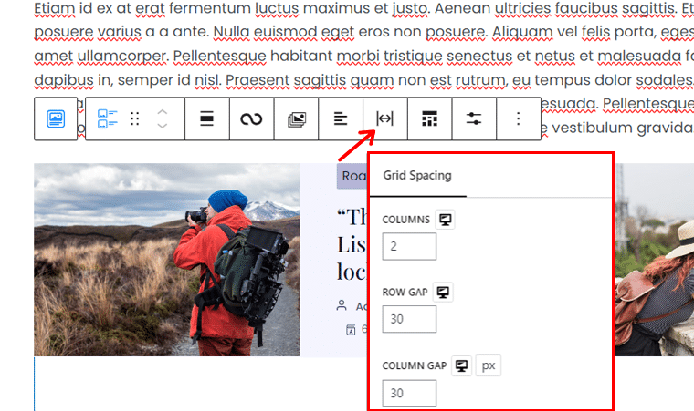 Cliquez sur l'icône d'espacement de la grille pour configurer les colonnes et les espaces entre les lignes.