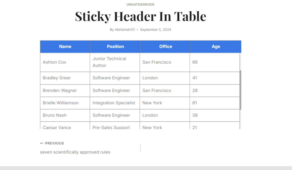 Sticky Header in der Wordpress-Tabelle