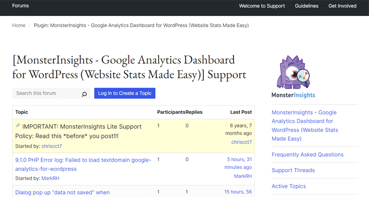 WordPress.org 上的 MonsterInsights 免費外掛程式支援論壇