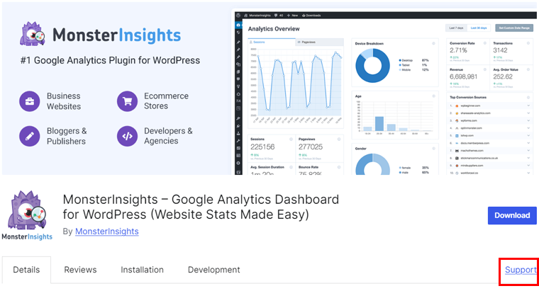 WordPress.org의 MonsterInsights 플러그인 지원 탭