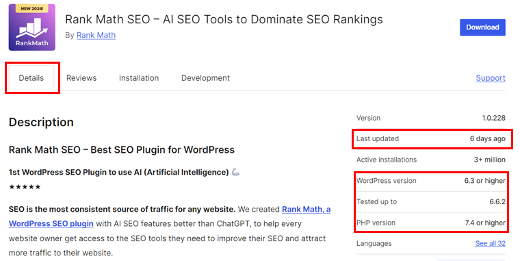 Updates und Kompatibilitätsdetails von Rank Math