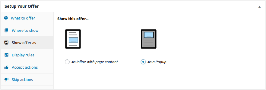 ダウンセルを表示するにはポップアップまたはインラインを選択してください